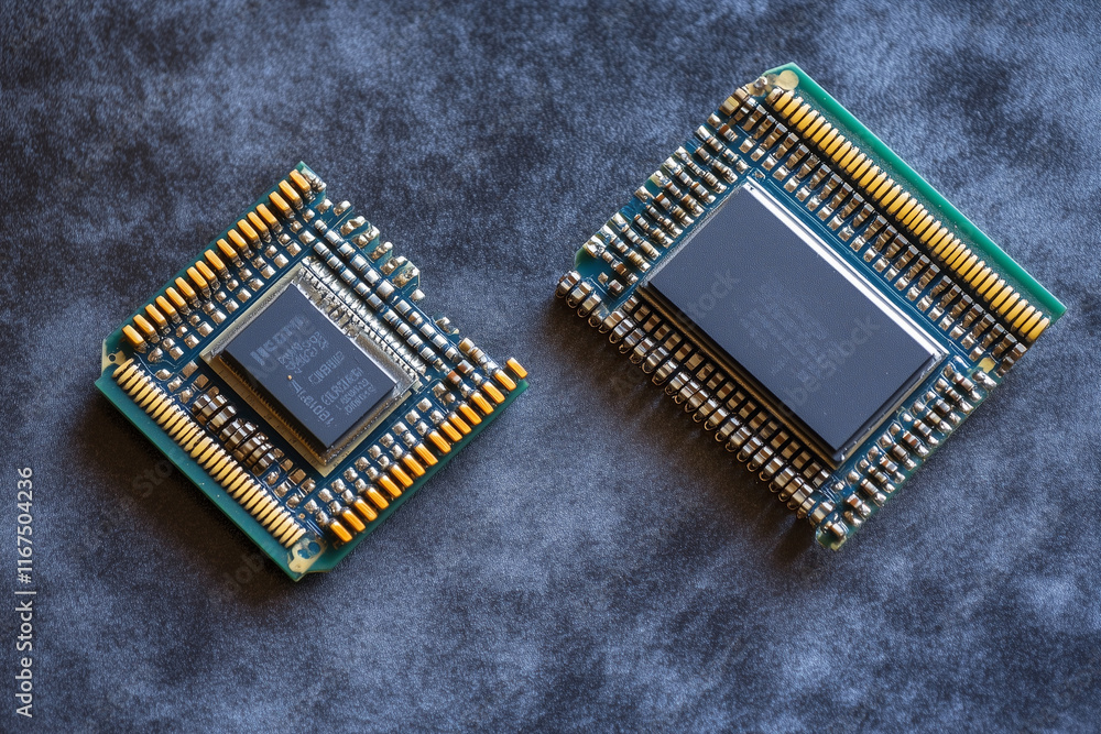 Poster two computer chips are shown side by side. one is black and the other is green. the black chip is a 