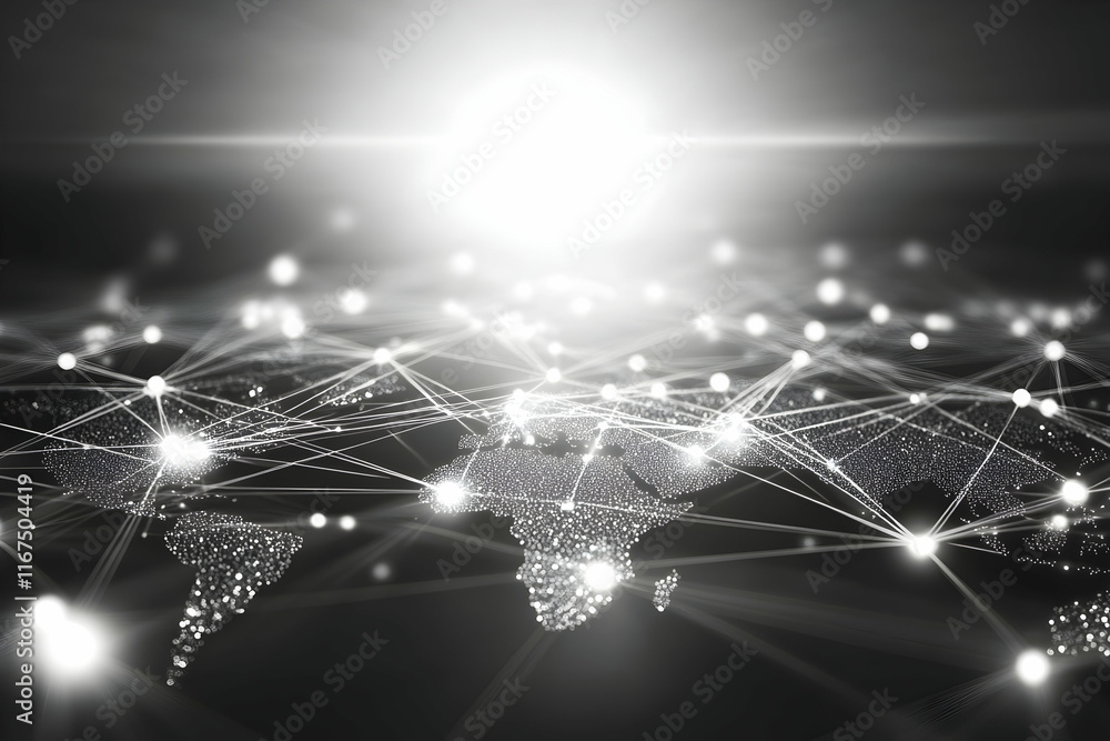Poster abstract digital technology background with interconnected dots and lines forming a global network