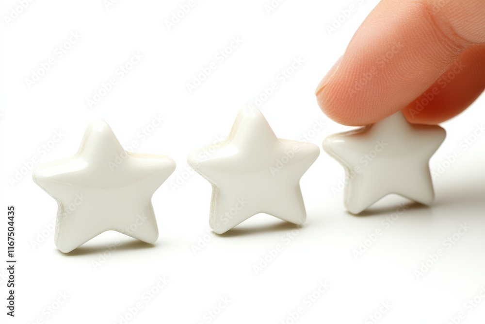 Poster soft diffused light on a plain white background with a finger pressing a white star object, ideal fo