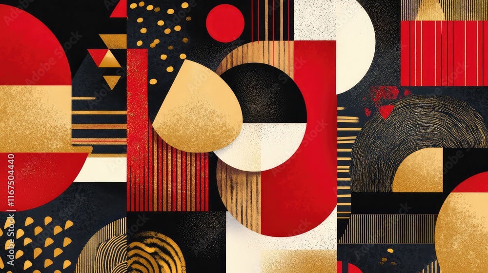 Poster abstract geometric patterns for chinese new year, combining clean lines and bold red and gold shapes