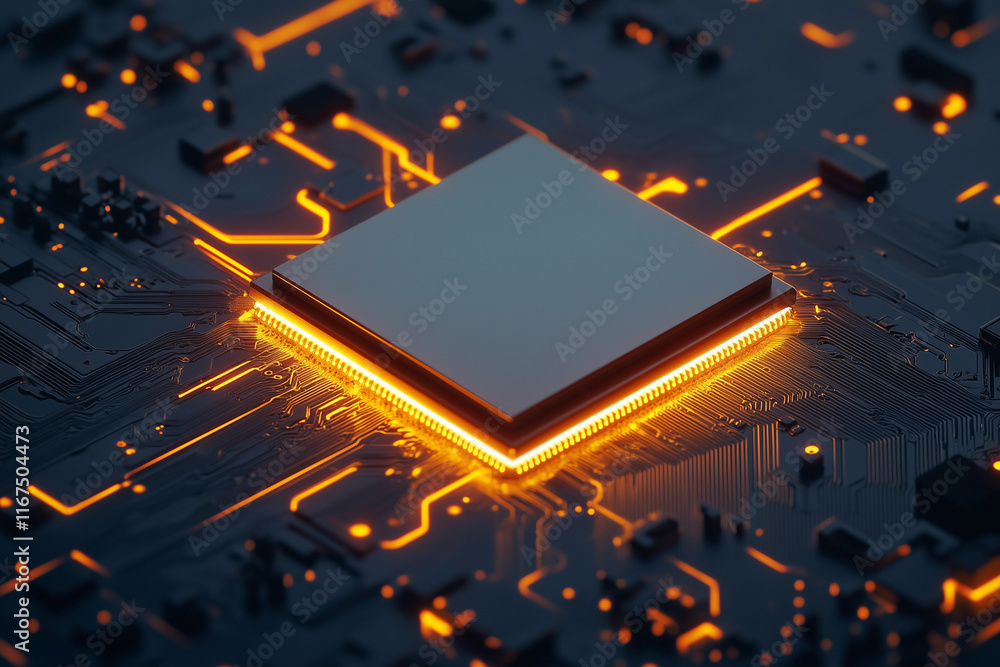 Poster computer chip is lit up in orange. the chip is a square and is surrounded by other electronic compon