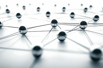 A network of interconnected nodes and lines representing the global digital world, with a white background