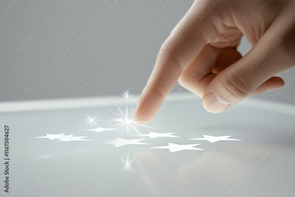 Poster soft diffused light touchscreen interaction with finger pressing stars on plain white background for