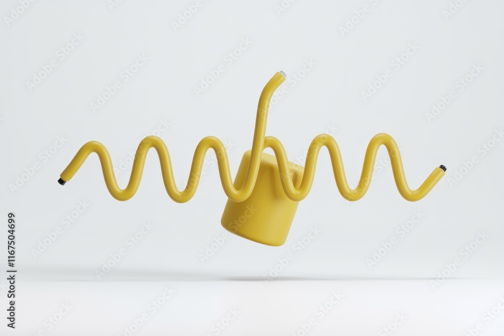 Poster abstract 3d render of a wavy yellow tube with a cylindrical element, minimalist design.