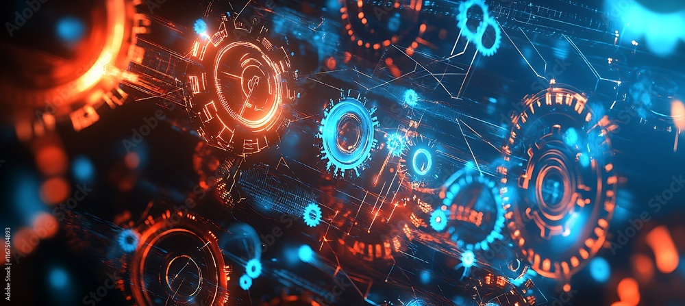 Poster a creative image of a business ecosystem represented by glowing gears and cogs interconnected, set a