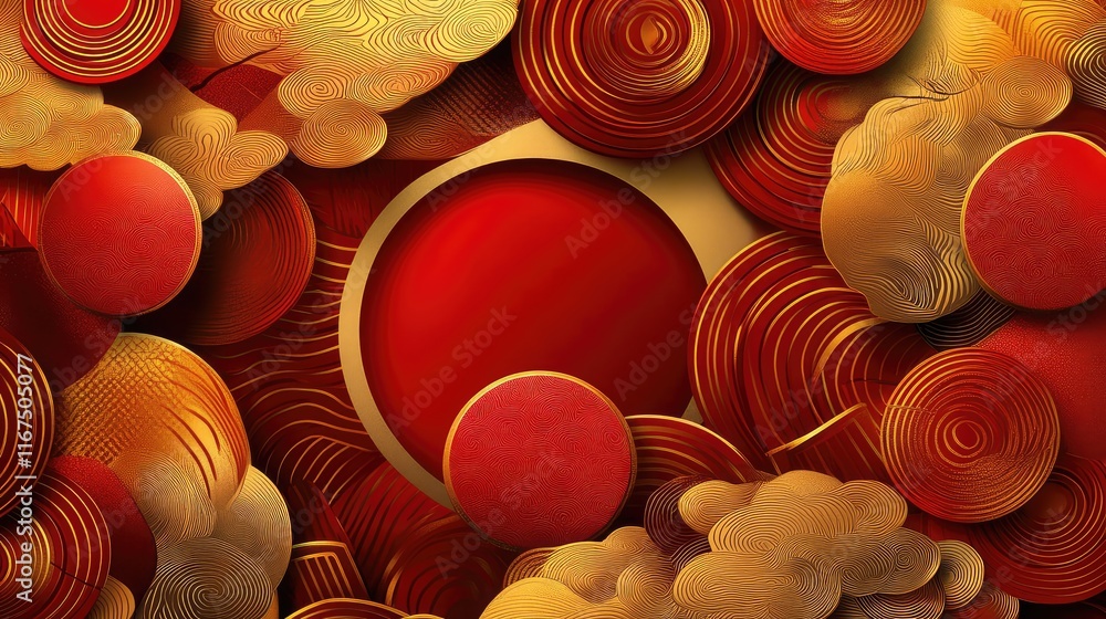 Poster abstract geometric patterns in red and gold, with smooth lines and glowing accents for a modern chin
