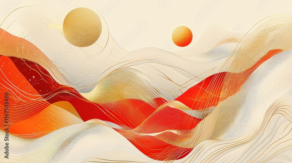 Poster abstract geometric shapes representing feng shui elements, with flowing lines in red and gold to cre