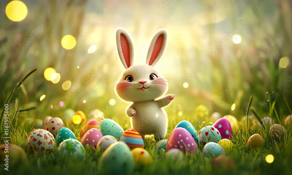 Poster a cartoon rabbit is standing in a field of easter eggs. the image is cheerful and playful, with the 