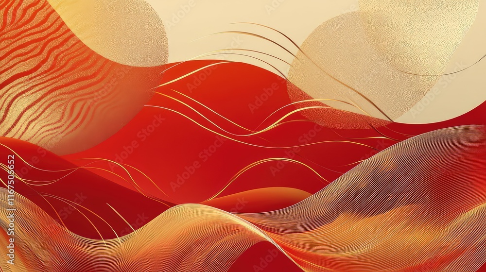 Poster abstract geometric shapes representing feng shui elements, with flowing lines in red and gold to cre