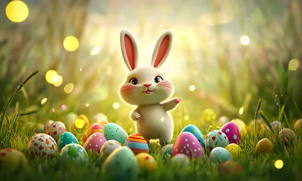 A cartoon rabbit is standing in a field of Easter eggs. The image is cheerful and playful, with the rabbit being the main focus. The eggs are scattered around the field, with some closer to the rabbit