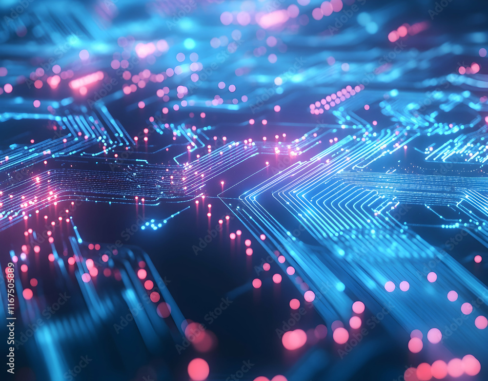 Poster abstract blue background with glowing network connections and dots on the surface of digital technol