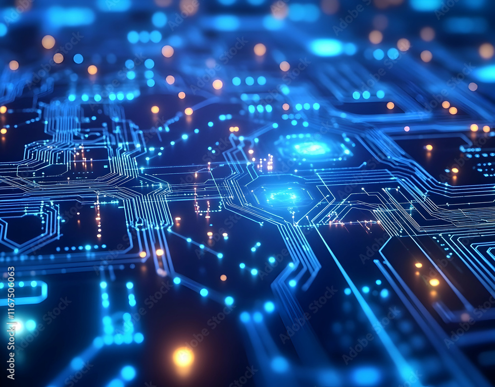 Poster abstract blue background with glowing network connections and dots on the surface of digital technol