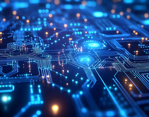 Abstract blue background with glowing network connections and dots on the surface of digital technology