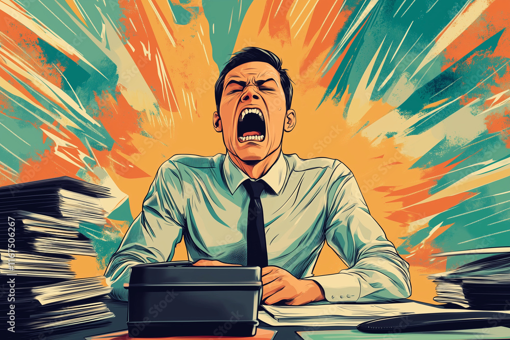 Poster man is screaming in a room with stacks of papers. the man is wearing a tie and he is in a state of f