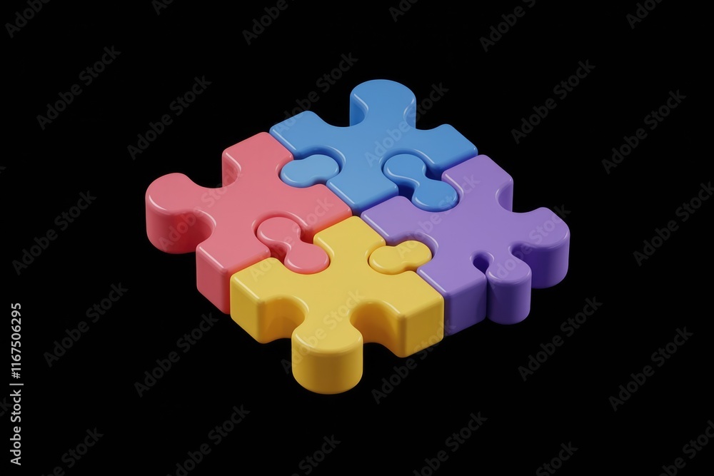 Poster four colorful puzzle pieces interlock, symbolizing connection, teamwork, and problem-solving.