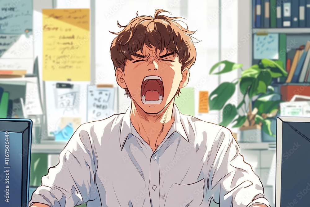Poster man is sitting at a desk with a computer and a plant. he is yelling and he is very angry