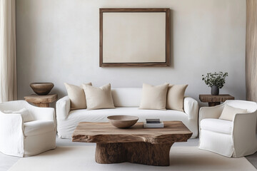 living room with a white couch, two chairs, and a coffee table. The couch is covered in pillows and the chairs are wooden. A framed picture hangs on the wall above the couch