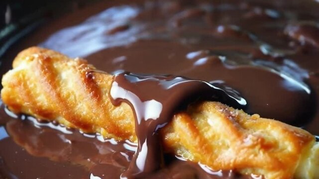 Macro close-up of churro entering chocolate sauce creating ripples slow-motion splash