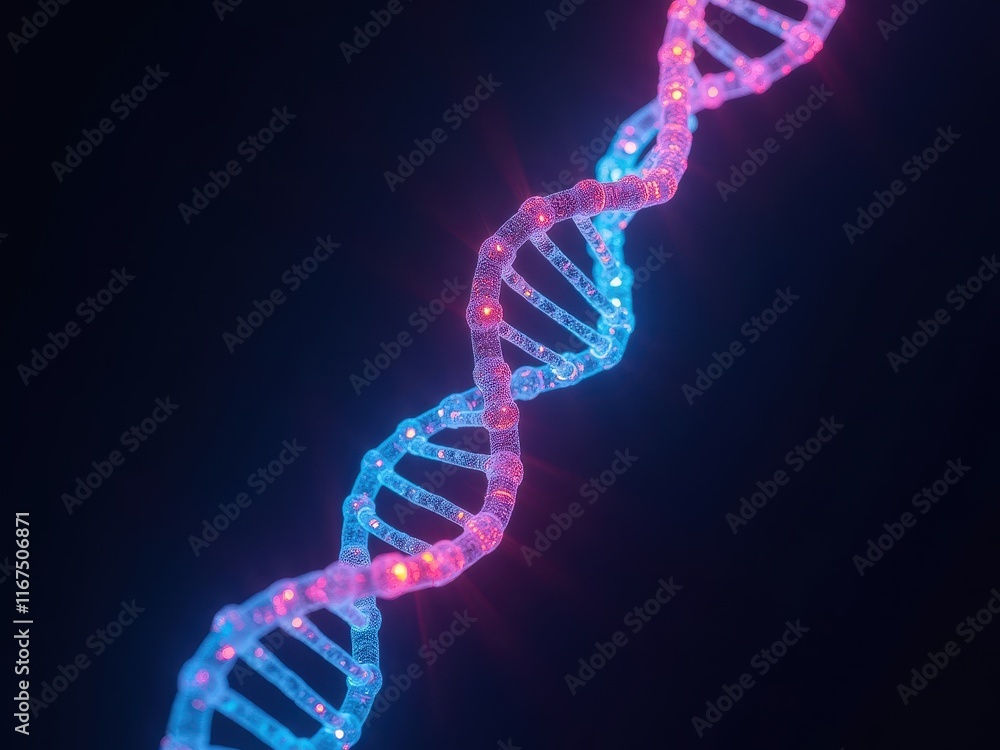 Poster colorful representation of a dna double helix with glowing elements showcasing molecular structure a
