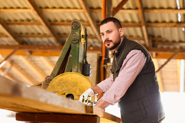 Young carpenter sawing wooden plank at sawmill