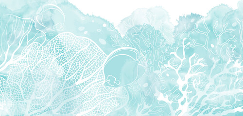 Art sea background.  Pre-made design with fish, underwater plants, corals and watercolor splash. Template design for text, packaging and prints.