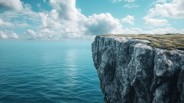 Breathtaking cliffside seascape with dramatic coastal rock formation and boundless azure horizon  Rugged jagged cliffs plunge into the deep turquoise waters of the vast open sea under a moody