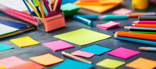 A creative workspace with colorful sticky notes and brainstorming materials, with ample space for text