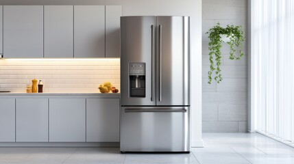 Fototapeta premium Modern Stainless Steel French Door Refrigerator in a Bright Kitchen