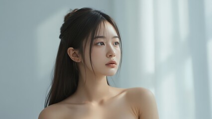 Obraz premium Serene Portrait of a Young Woman: Natural Beauty in Soft Light