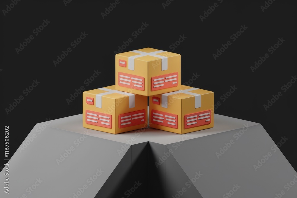 Poster Three yellow cardboard boxes stacked on a gray platform, representing delivery or shipping.