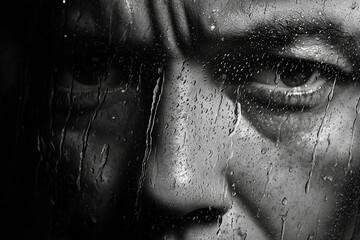 Portrait through glass with raindrops at night