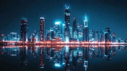 A vibrant city skyline illuminated at night, reflecting on water.
