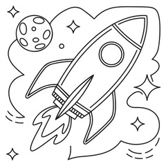The rocket flies to the moon coloring book. Antistress planet, earth and moon Vetor illustration in zentangle style.