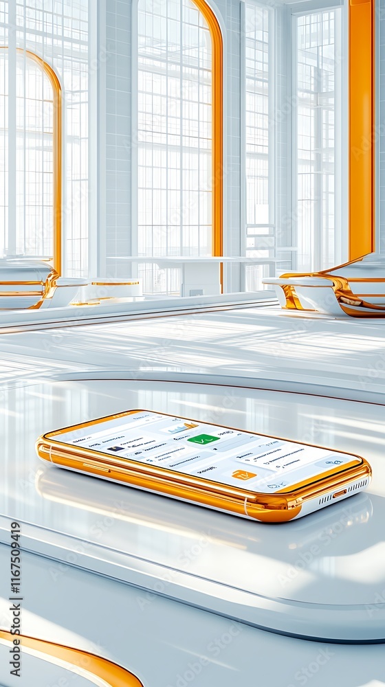 Poster hybrid work models, hyperrealistic smartphone in a modern setting