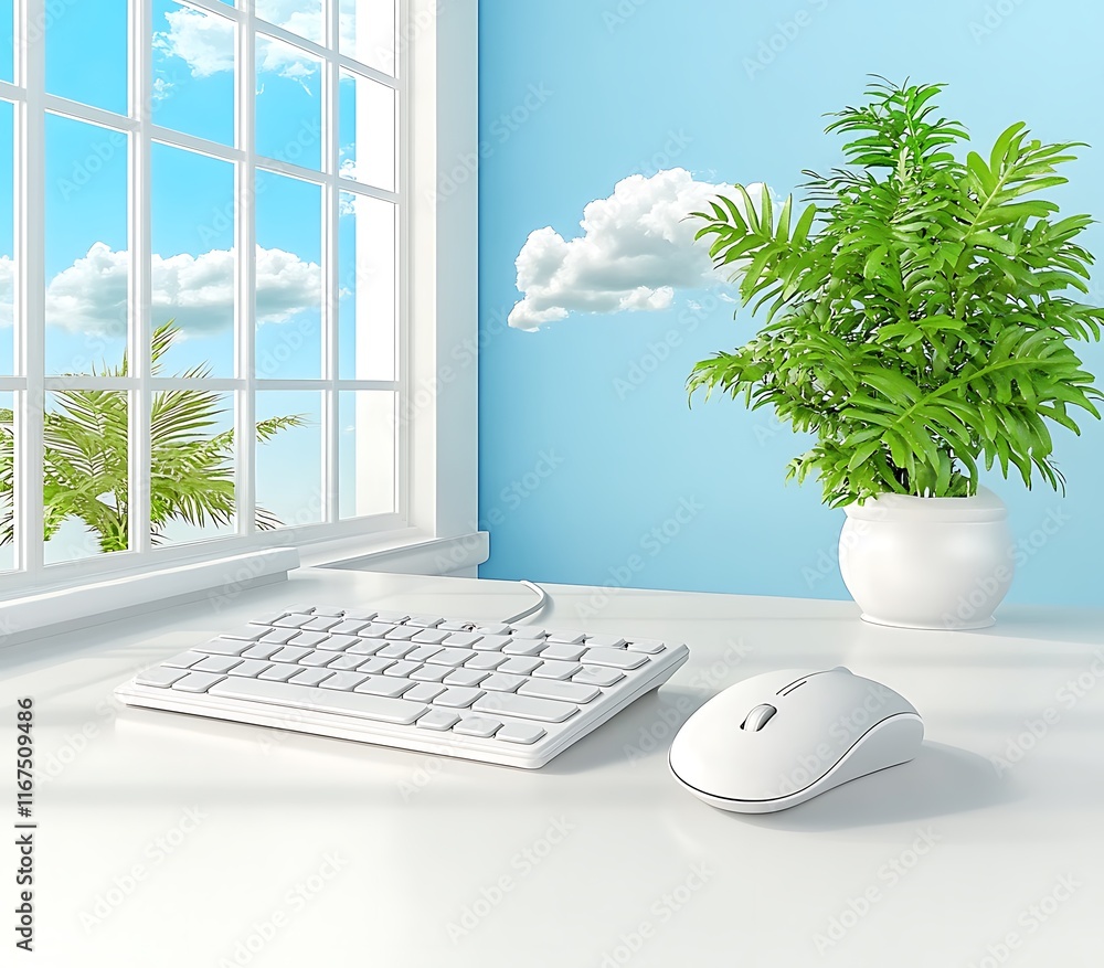 Poster hybrid work models, hyperrealistic wireless mouse and keyboard setup