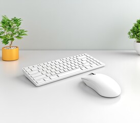 Hybrid Work Models, Hyperrealistic White Wireless Mouse and Keyboard Setup