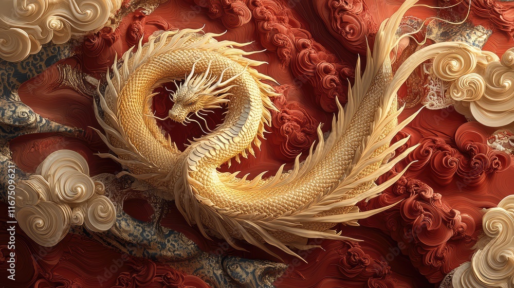 Poster abstract golden dragon coiled in a dynamic composition of swirling red patterns, symbolizing power a