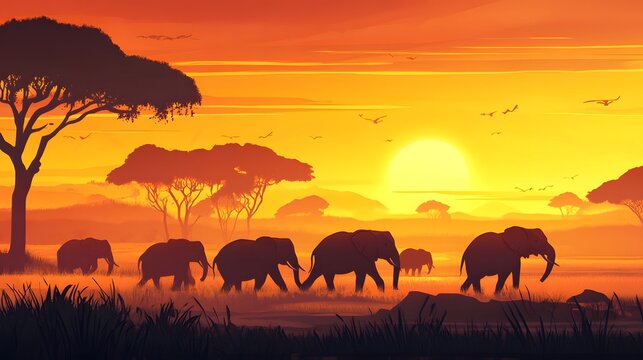African Elephants Silhouette at Sunset Savanna Landscape