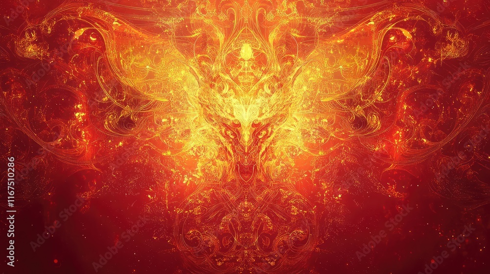Poster abstract golden dragon design with intricate patterns and glowing elements on a rich red backdrop.
