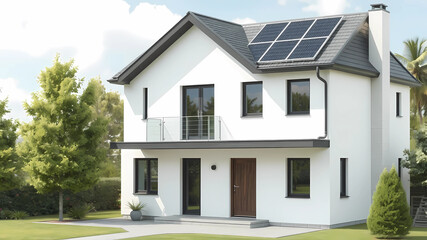 a house with a solar panel on the roof and a green lawn in front of it and a blue sky, Évariste Vital Luminais, photorealism, vray render, a digital rendering