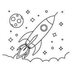 The rocket flies to the moon coloring book. Antistress planet, earth and moon Vetor illustration in zentangle style.
