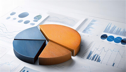 白い背景に折れ線グラフと円グラフが組み合わさったビジュアル、モダンでクリーンなデザイン