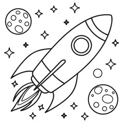 The rocket flies to the moon coloring book. Antistress planet, earth and moon Vetor illustration in zentangle style.