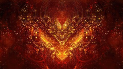 Obraz premium Abstract golden dragon design with intricate patterns and glowing elements on a rich red backdrop.