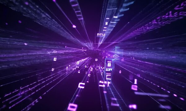 Abstract Digital Data Stream: Glowing Purple Binary Code in Motion