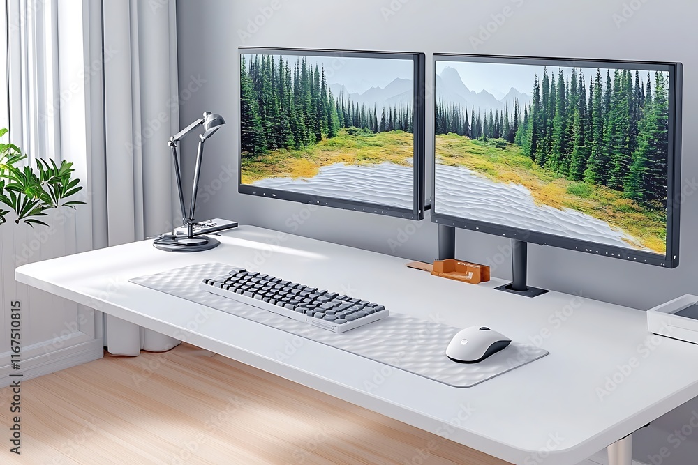 Poster Hybrid Work Models, Sleek Desktop Setup with Dual Monitors and Keyboard