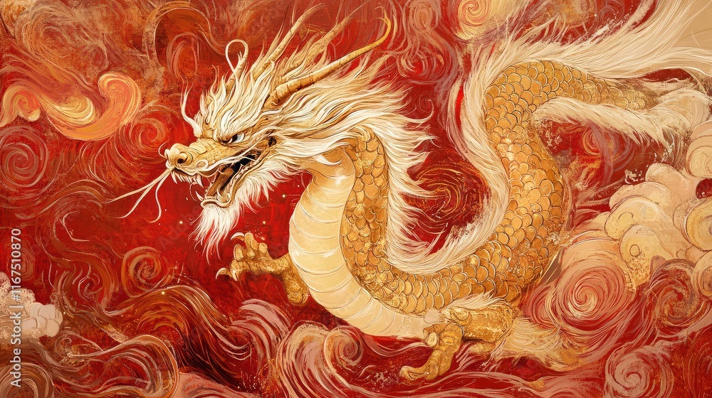 Poster abstract golden dragon with swirling red patterns, creating a dramatic and powerful year of the drag