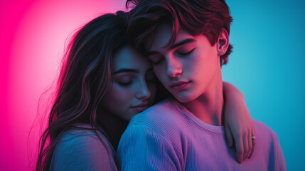 Close-up Portrait of Young Girl Hugging Her Loving Boy In Back, Romantic Vibe with Neon Lighting and Ambient Light Glows on Skin, Showcasing Closeness, Romance and Intimacy Moment for Valentine's Day
