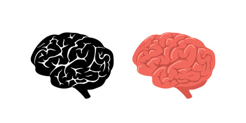 Brain icon set. Human internal organ solid and colored. Side view. Vector illustration in flat cartoon style.