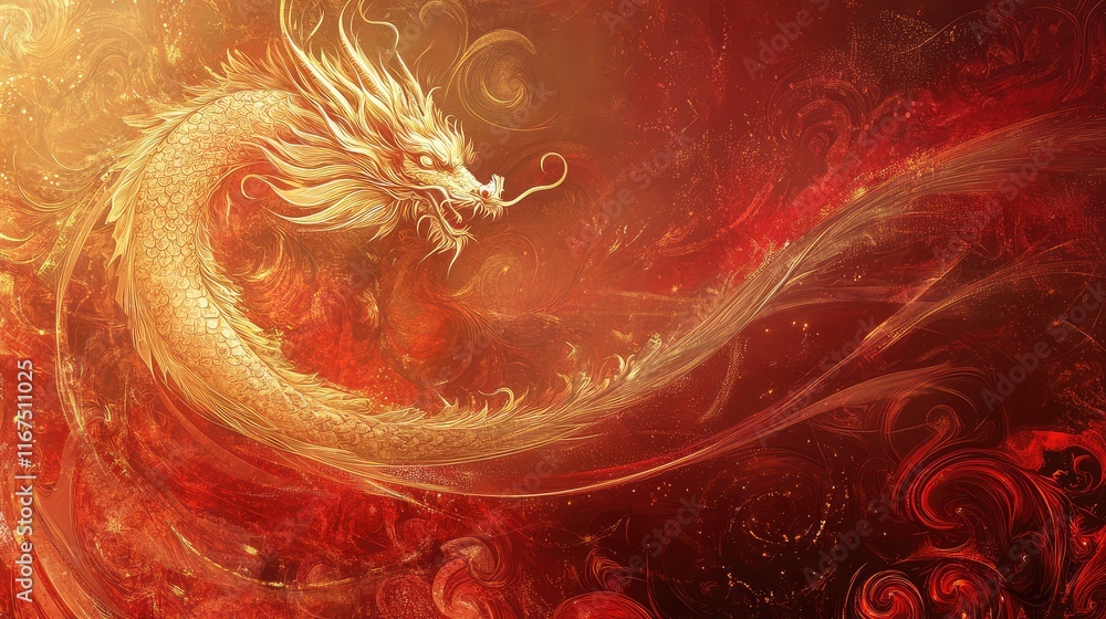 Poster abstract golden dragon with swirling red patterns, creating a dramatic and powerful year of the drag